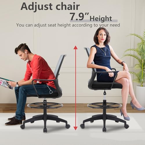 Image of BestOffice Drafting Chair Tall Office Chair Adjustable Swivel Rolling Mesh Height with Lumbar Support Arms Footrest Mid Back for Adults Standing Desk Drafting Stool (Ashy)