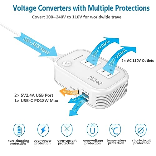 Step Down Power Converter - FOVAL 230W Travel Voltage Converter 220V to 110V International Power Adapter with [Upgraded 18W PD USB-C] 3 USB Ports 2 AC Outlets US to Europe Italy UK AU Plug (White) - Thumbnail 4