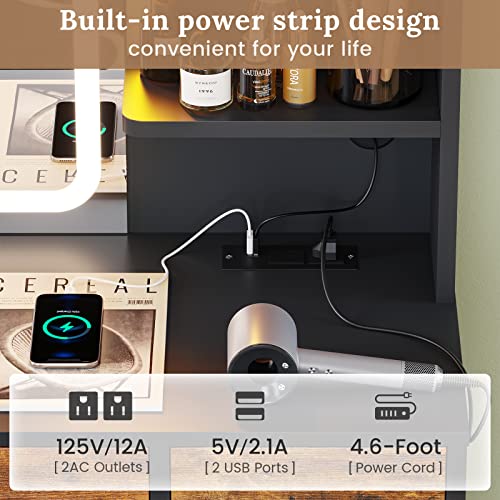 Tiptiper Makeup Vanity With Lights & Charging Station, Vanity Table With Time Display Mirror, Ambient Light, Storage Cabinets, Rustic Brown And Black #TOP3