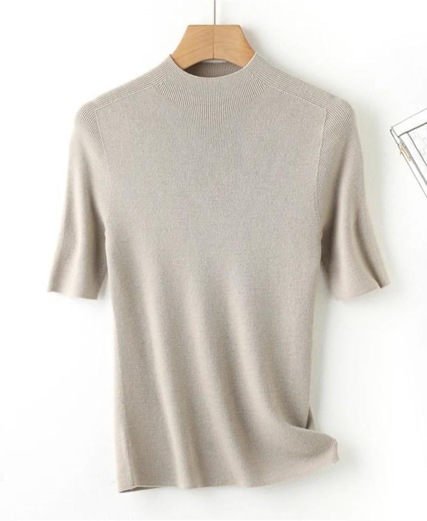 Women's Short Sleeve Mock Neck Sweater Wool Tight Fit Pullover Knit Top Casual Bottoming Layer Shirt