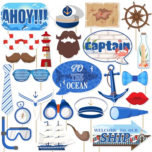 25Pcs Nautical Photo Booth Props Set, Sailor Themed Party Decorations, Ocean Voyage Photo Booth Props for Cruise Nautical Birthday Party Supplies