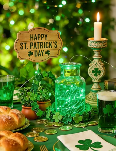 Image of Brightown 12 Pack St. Patrick's Day LED Fairy Lights Battery Operated String Lights Waterproof Silver Wire 7 ft 20 LED Firefly Starry Moon Lights for DIY Wedding Party Bedroom Patio