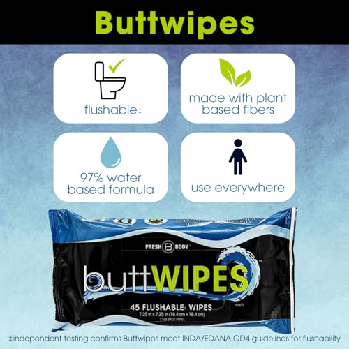Buttwipes Flushable Butt Wipes (3 Pack, 135 wipes) - Flushable Wipes for Adults - Water-Based Wipes with Aloe and Vitamin E - Made Without Alcohol or Added Fragrance