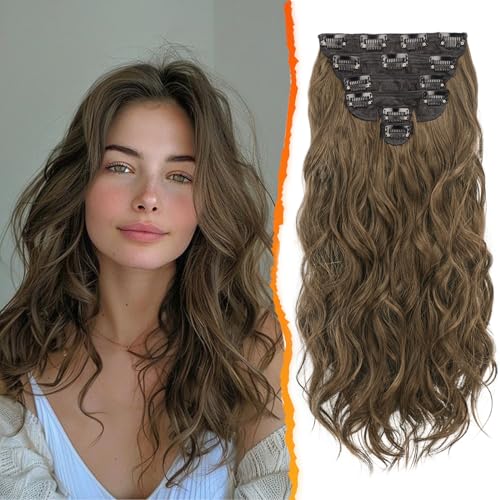 BARSDAR Clip en Extensiones de Cabello para Mujer, 50cm Largo Ondulado Marrón Extensión de Pelo Clip en 6 Piezas Rizado Natural Sintética Postizos Fiesta Diaria (Castaña & Chocolate Marrón)