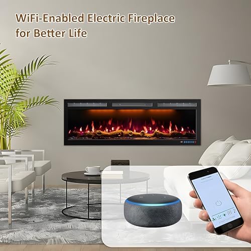 72 Inch WiFi-Enabled Electric Fireplace Inserts & Wall Mounted, Slim Electric Fireplace Heater, 750/1500w, Adjustable Flame Color, Remote Control & Touch Screen, Logs & Crystals, Black - Thumbnail 3