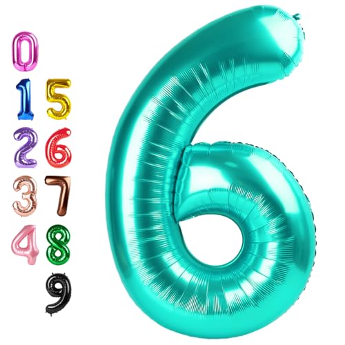 Image of 6 Balloon 40 inch Teal Blue Number Balloons for 6 Birthday Party Decoration | Saturated Color, Large 40 in, With Inflation Straw & Hanging Hole, Great for Men's Party, Back-To-School Season, Pool Party
