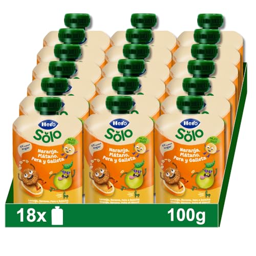 Hero Baby Mi Fruta Bolsita de Fruta con Naranja, Plátano, Pera y Galleta - Para Bebés a Partir de los 12 Meses - Pack de 18 x 100 g (embalaje puede variar)