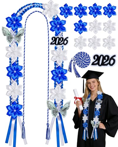 RUEGGVAT 13 Pcs Graduation Lei 2026 50 Inch Double Braided Ribbon Money Lei Graduation Decoration Class of 2026 for Him Her High School College Grad Gift Party Supplies(Blue White)