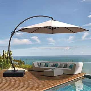 LAUSAINT HOME 11FT Deluxe Patio Umbrella with Base,Outdoor Large Hanging Cantilever Curvy Umbrella with 360° Rotation for Pool,Garden,Deck, Lawn(11FT-CHAMPAGNE)