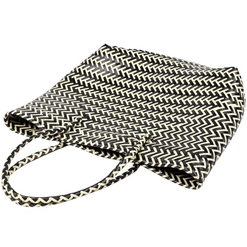 WATIIFUFU Bolso de Mano Tejido a Mano Grande Negro Rayas Cesta de Almacenamiento Resistente al Desgaste Asas Dobles Cesta Portátil Multifuncional para Compras y Uso Diario en Casa