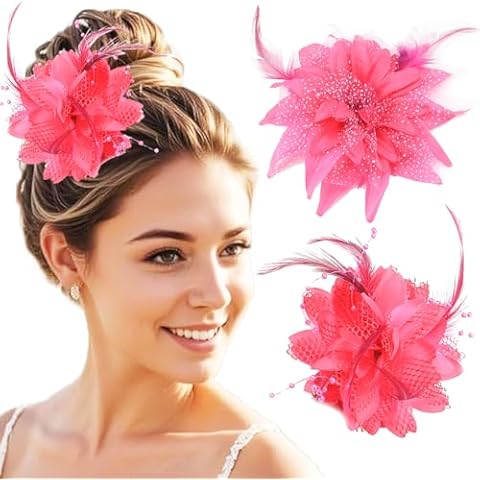 2Pcs Rose Red Feather Flower Fascinators Cover