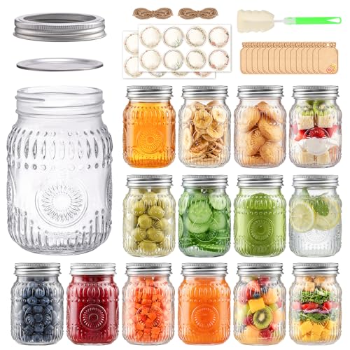 16oz Glass Mason Jars with Embossed Pattern, 15-Pack Pint Canning Jars with Airtight Lids for Fermenting,Overnight Oats,Pickling,Preserving,Ideal for Centerpieces,DIY Crafts,or Wedding Favors