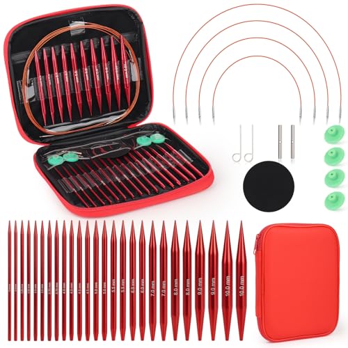 Coopay Juego de Agujas Circulares Intercambiable, 3,0 10,0 mm, Agujas de Tejer Intercambiables, Agujas Circulares con Bolsa de Almacenamiento, 13 pares de Aguja Circulares Intercambiables (rojo)
