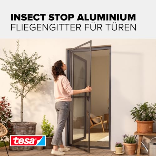 tesa Insect Stop ALU Comfort Fliegengitter für Türen - Insektengitter mit Aluminium-Rahmen & Clear View - Tür Insektenschutz - Anthrazit, 100 cm x 220 cm