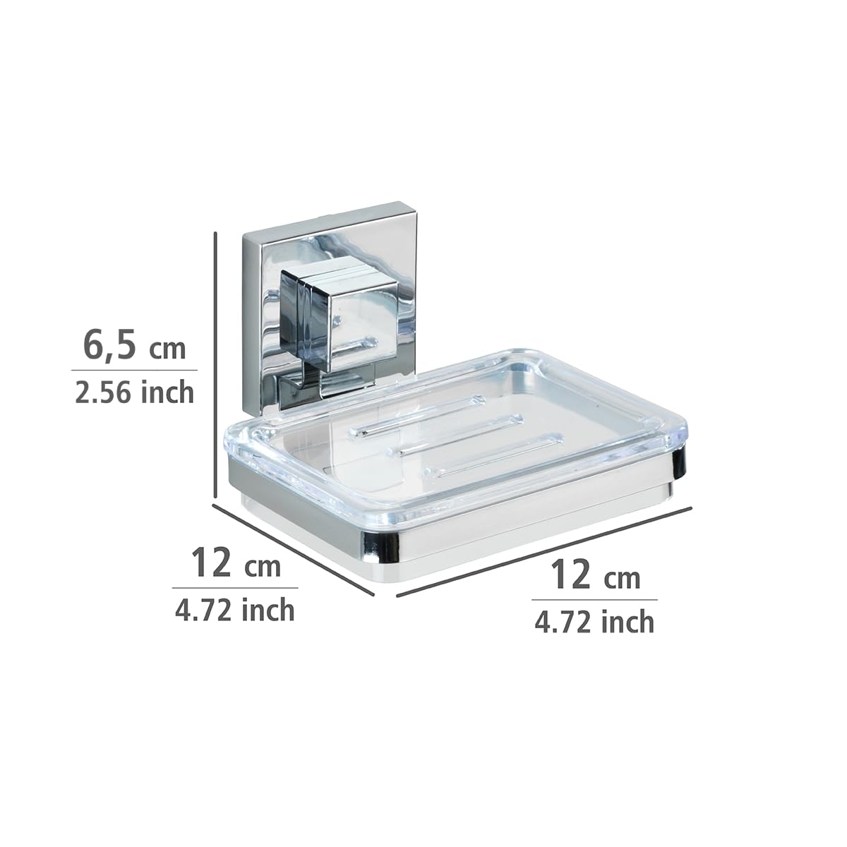 WENKO Vacuum-Loc® mydelniczka ścienna Quadro, mydelniczka do łazienki i kuchni, uchwyt ścienny bez wiercenia, nierdzewna, błyszcząca stal nierdzewna z przezroczystą miską z tworzywa sztucznego, 12 x 6,5 x 12 cm