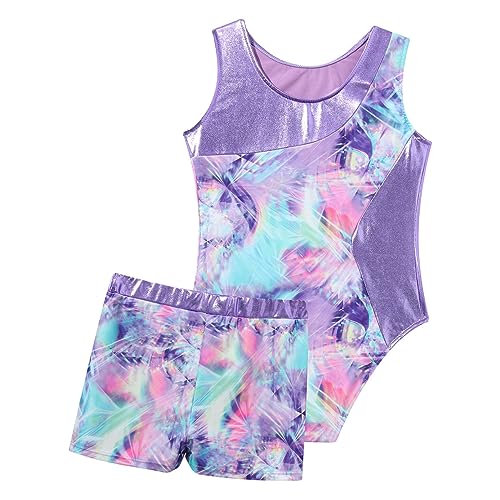 Moily Kids Girls 2 Piece Athletic Outfit Gymnastics Dance Leotard with Booty Shorts Tracksuit Swimwear4
