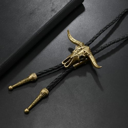 Image of Joxevyia Bolo Tie for Men Vintage Cow Skull Leather Rope Western Cowboy Necktie Vintage Bola Tie Gift for Him