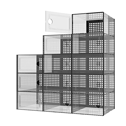 Lutspc 12 Pack Shoe Storage Boxes, Clear Plastic Shoe Organizer For Closet, Stackable Shoe Container, Space Saving Shoe Rack For Entryway, Under Bed, Wardrobe, Bathroom Storage (L, Black) #TOP21