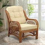Malibu Lounge Living Accent Armchair Natural Rattan Wicker Handmade Design, Colonial with Cream Cushion