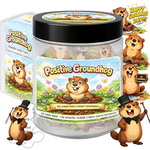 Positive Groundhog Emotional Release Jar – 60 Cute & Uplifting Affirmation Cards for Stress Relief, Mood Boost & Daily Confidence, Gifts for Friends Coworkers Women & Teen Grils (Groundhog)