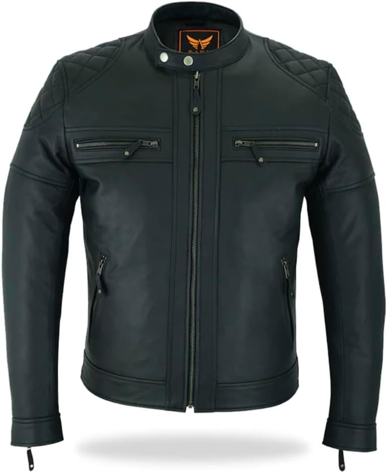 Mens Motorcycle Premium Hand Quilted Cow Aniline Leather Cafe racer Biker Jacket - Image 2