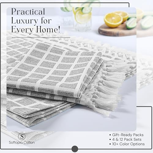 Image of Matrix Dobby Kitchen Dish Towels Set of 4, 100% Cotton, 16x26 Inches, Reusable Dishcloths with Handmade Knotted Tassels, Absorbent, Washable Towels for Cleaning - Dark Gray, White