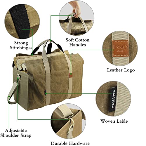 Inno Stage 22Oz Waxed Canvas Fire Wood Log Carrier Tote Bag For Fireplace With Patented Self Standing Design For Hay Hauling Outdoor Camping Or Bbq Barbecue- Khaki #TOP2