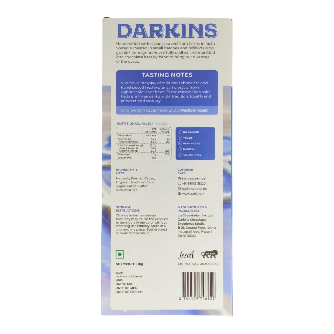 Darkins Dark Chocolate | 56% Artisanal Dark Chocolate Sanikatta Salt | Vegan | Gluten-Free | Hand Crafted Chocolate | Unrefined Cane Sugar | Natural Chocolate | 50 GM Each Pack of 2