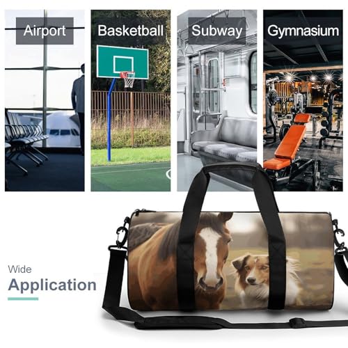 Collie Dog And Horse Together Gym Bag for Men Women, Sturdy Oxford Cloth Travel Bags with Removable Shoulder Strap, Waterproof Duffel Bag for Fitness, Travel, Yoga3
