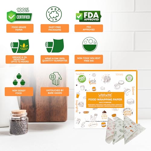 Image of Food Wrapping Paper Sheets (100 Sheets, 11x12 Inch, Twin Tone) | Food Grade, FDA Approved | Oil Resistant, Non-Soggy Parchment Paper | Ideal for Roti, Chapati, Burger, Pizza & Sandwich Wrapping