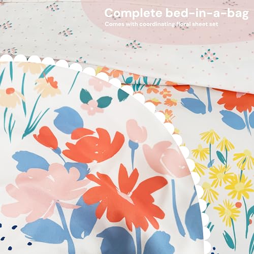 Image of BLOOMHAVEN Full Size Comforter Set for Girls, 7 Pieces Pink Botanical Floral Bedding Set, All Seasons Kids Bed in a Bag with Sheets, Pillowcases & Shams