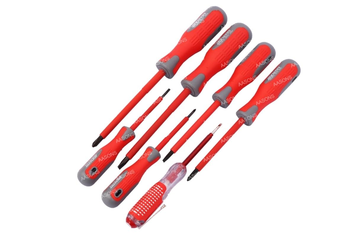 AASONS 7 Pcs VDE 1000V Anti-Rust Full Insulated Electrician Screwdriver Set With Bag, Electro probe, Industrial Level Chrome Vanadium Steel, Magnetic Tips, Red And Black-image-7
