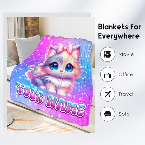 Girls Blanket Gifts - Customize Blanket with Cat for Cat Lovers - Comfy Cozy Flannel Throws for Couch, Office 4 Sizes