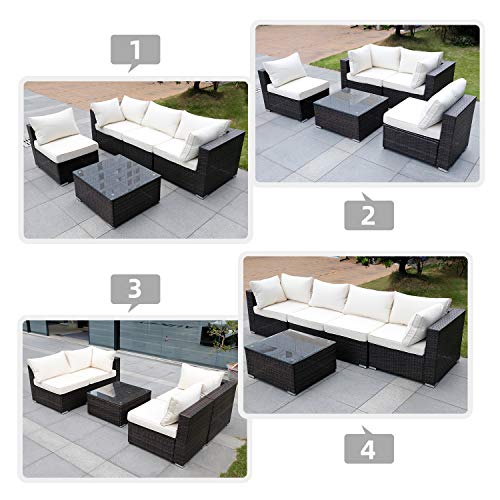 Viewee 5-Pieces Outdoor Patio Furniture Sets Rattan Wicker Patio Sofa with 2 Corner Chairs& 2 Armless Chair &1 Glass Top Patio Table