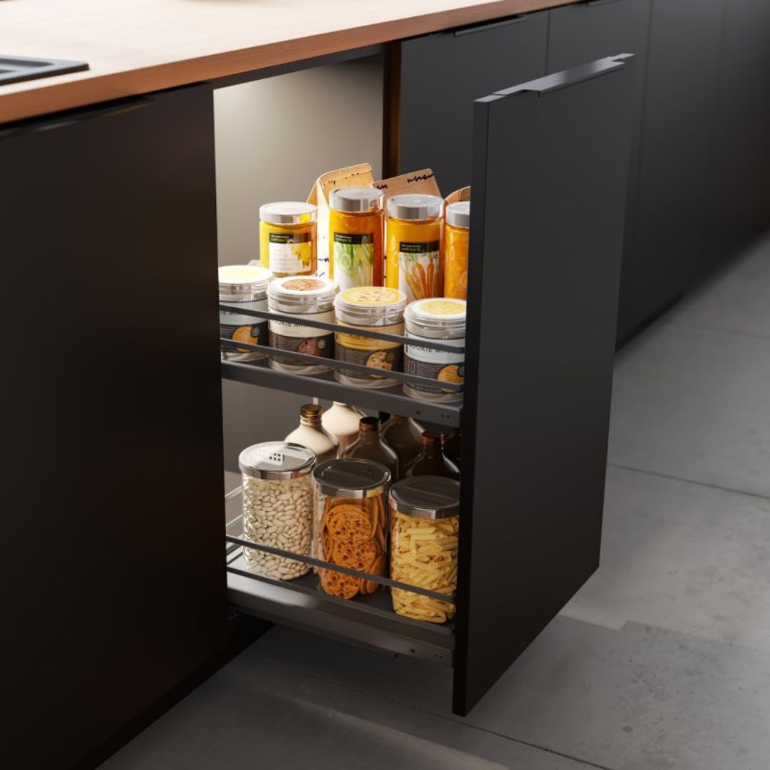 GTV - Organizer da cucina MOVIXPRO | Attrezzature cargo | Sistema di scaffalatura estraibile | Larghezza esterna 150 mm | 2 ripiani | Senza guide | Cromo