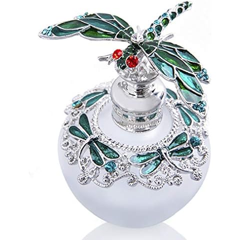 YU FENG Dragonfly Decorative Glass Perfume Bottle Jeweled Enameled Fancy Crystal Perfume Holder Container Scent Bottles Empty Refillable(Green,40ml) Cover