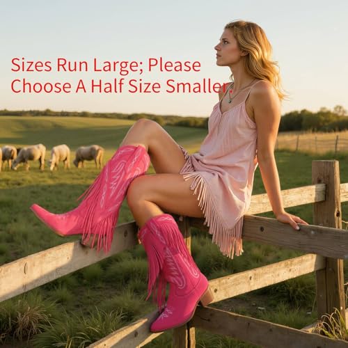 Image of Cowgirl Boots Women Retro Pull On Block Chunky Suede Fringe Cowboy Boots | Pointed Toe,Concert Outfits Knee High Western Boot, Country Boots,Tall Boot for ladies Party concert