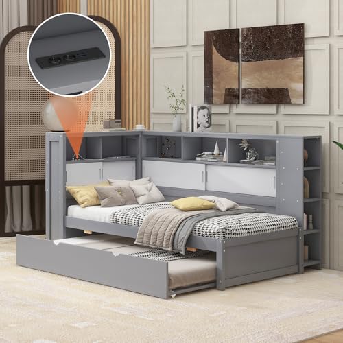 Pangshiyuan Cama de día, 90 x 200 cm (90 x 190 cm), cuna, sin colchón, cama de día con cama nido, sofá cama con compartimento de almacenamiento con USB, tablero de partículas, gris