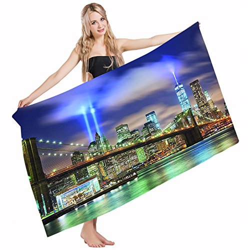 Mugod Bath Towel Beach Towel New York Manhattan Skyline Puple Green Quick Drying Bath Towels Cotton Polyester for Home Bathroom Pool and Gym 32 X 64 Inches