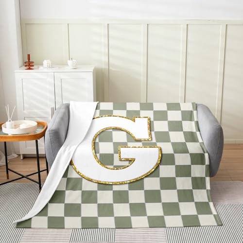 Image of Erosebridal Sage Green Checkered Fleece Blanket Throw 50 inchx60 inch Plaid Initial G Flannel Blanket Personalized Monogram Fuzzy Plush Throw for Kids Boys Girls,Fashion Grids Gingham Decor for Bed Couch