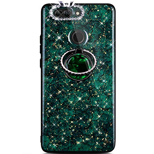 Robinsoni Case Compatible with Huawei Nova 2 Plus Phone Case Silicone Glossy TPU Cover 360 Degree Rotation Ring Case Kickstand Phone Cover Sparkle Bling Phone Cover Shockproof Case Amber Green