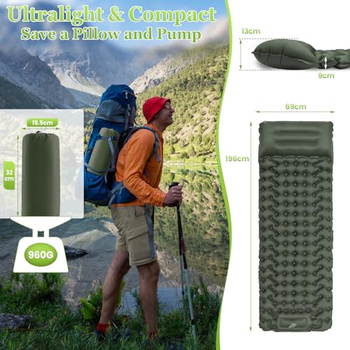 Satisure Wasserdicht Camping Isomatte, Luftmatratze Aufblasbare Camping Matratze mit Pumpe Outdoor, Ultraleicht Luftmatratze, Rucksackreisen, Nackenroll, Kissen, aufblasbare strandmatte 2