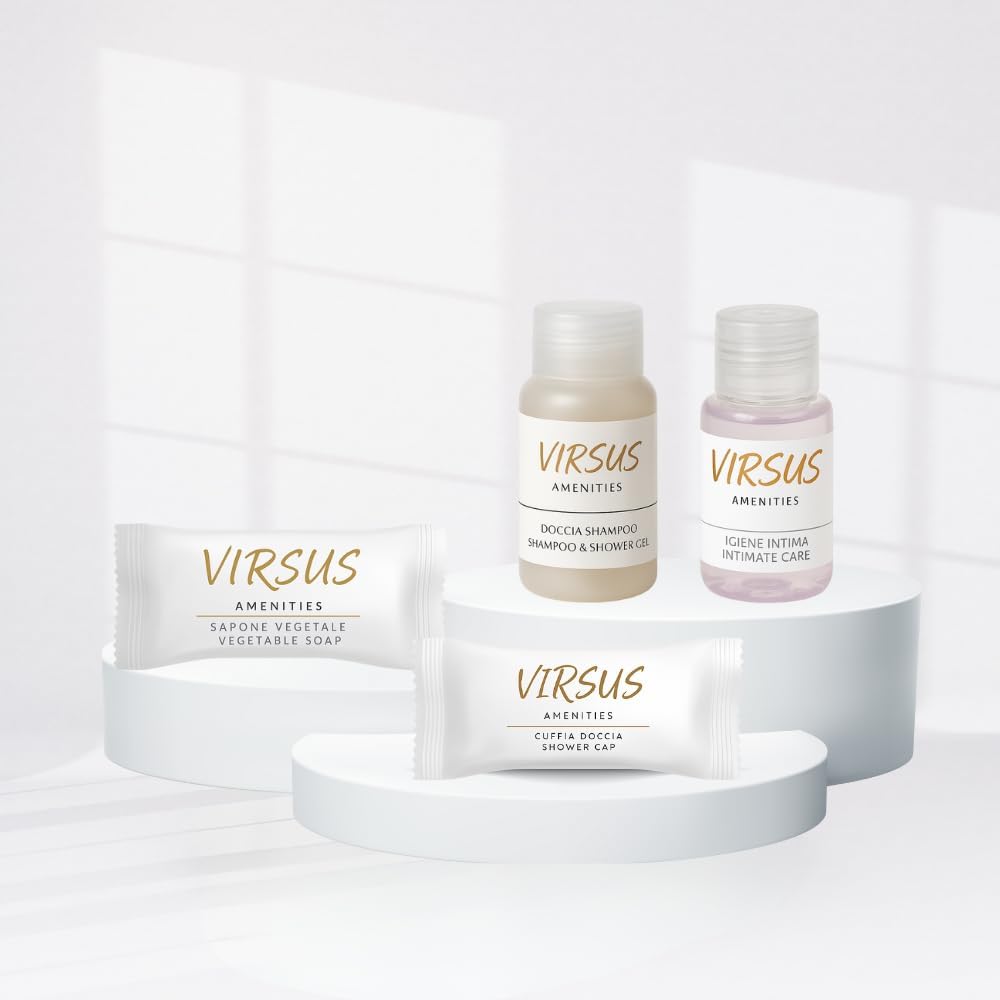 Virsus 200 Pezzi Kit Cortesia LUSSO: 50 Flaconi Igiene intima da 20ml, 50 Flaconi Doccia Shampoo da 20ml, 50 Saponette da 9gr, 50 cuffie monouso in bustina per Albergo Hotel B&B Host, Linea cortesia