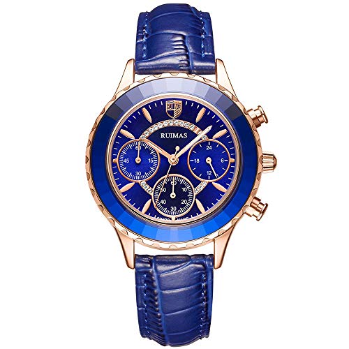 Ruimas Chronograph Watch for Women Casual Leather Strap Quartz Watches Lady Fashion Waterproof Wristwatch for Female Blue