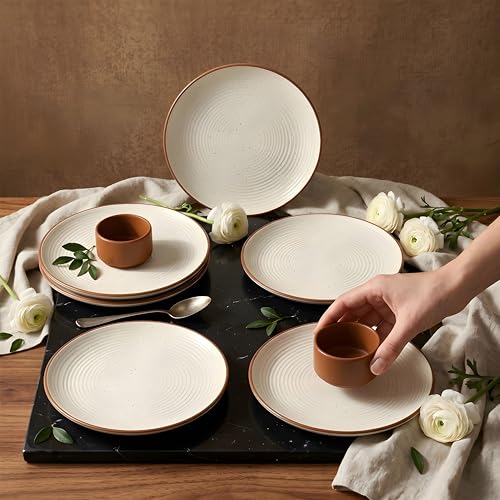 Image of miah decor Quarter Plates Set of 6, Ceramic Stoneware Plates | Cream Snack & Side Plates with Brown Rim | Ribbed Design | Microwave & Dishwasher Safe (MD-702)