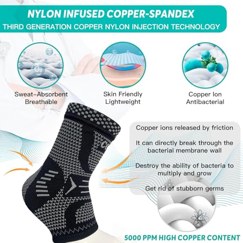 Image of INDEEMAX Copper Ankle Brace Ankle Compression Sleeve Support Ankle Brace for Women & Men, Achilles Tendonitis Brace, Plantar Fasciitis, Sports, Silver Black, XL