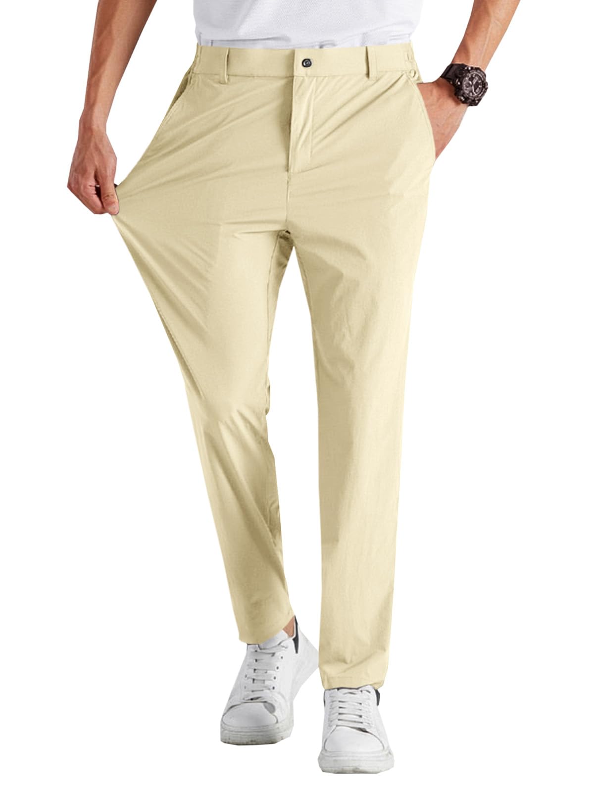 Runcati Mens Stretch Golf Pants Casual Slim Fit Dress Pants Elastic Waist Tapered Work Cropped Trousers
