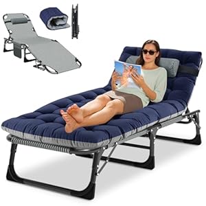 Obqer Folding Lounger, 200KG Belastbarkeit Klappbett Gästebett mit Matratze, Seitentaschen und Kopfstütze, verstellbare Rückenlehne, einfach zu montieren, geeignet für Garten, Sonnenbaden, Camping