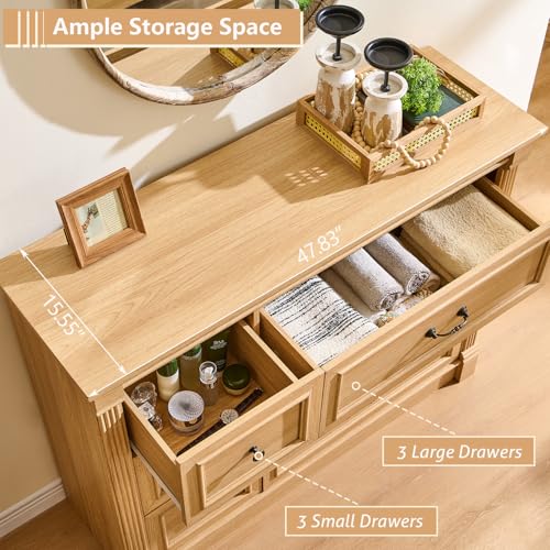 Image of Farmhouse 6 Drawers Dresser for Bedroom, 48 inch Wide Large Dressers & Chests of Drawers w /Roman Column, Storage Dressers Organizer for Bedroom, Hallway, Living Room, Natrual