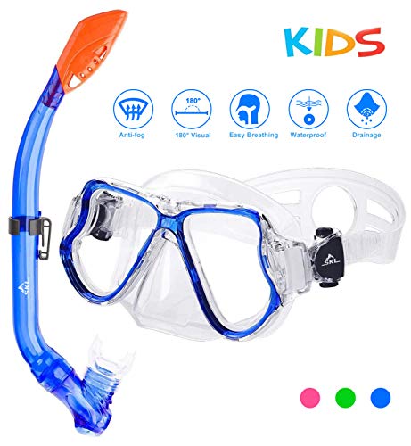 SKL Taucherbrille mit Schnorchel Schnorchelset Kinder Tauchset aus Gehärtetem Glas Anti-Leck Anti-Fog, ideal für Tauchen, Schnorcheln und Schwimmen, Kinder Tauchset Blau